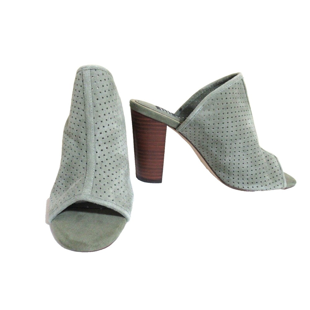 White House Black Market 7 1/2 Military Green Suede Block Heel Peep Toe Mules
